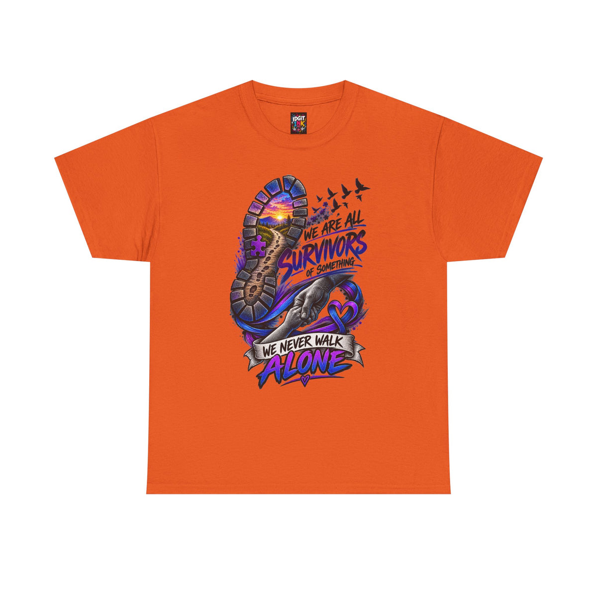 Survivor Awareness T-Shirt — "We Never Walk Alone" Run/Support Tee