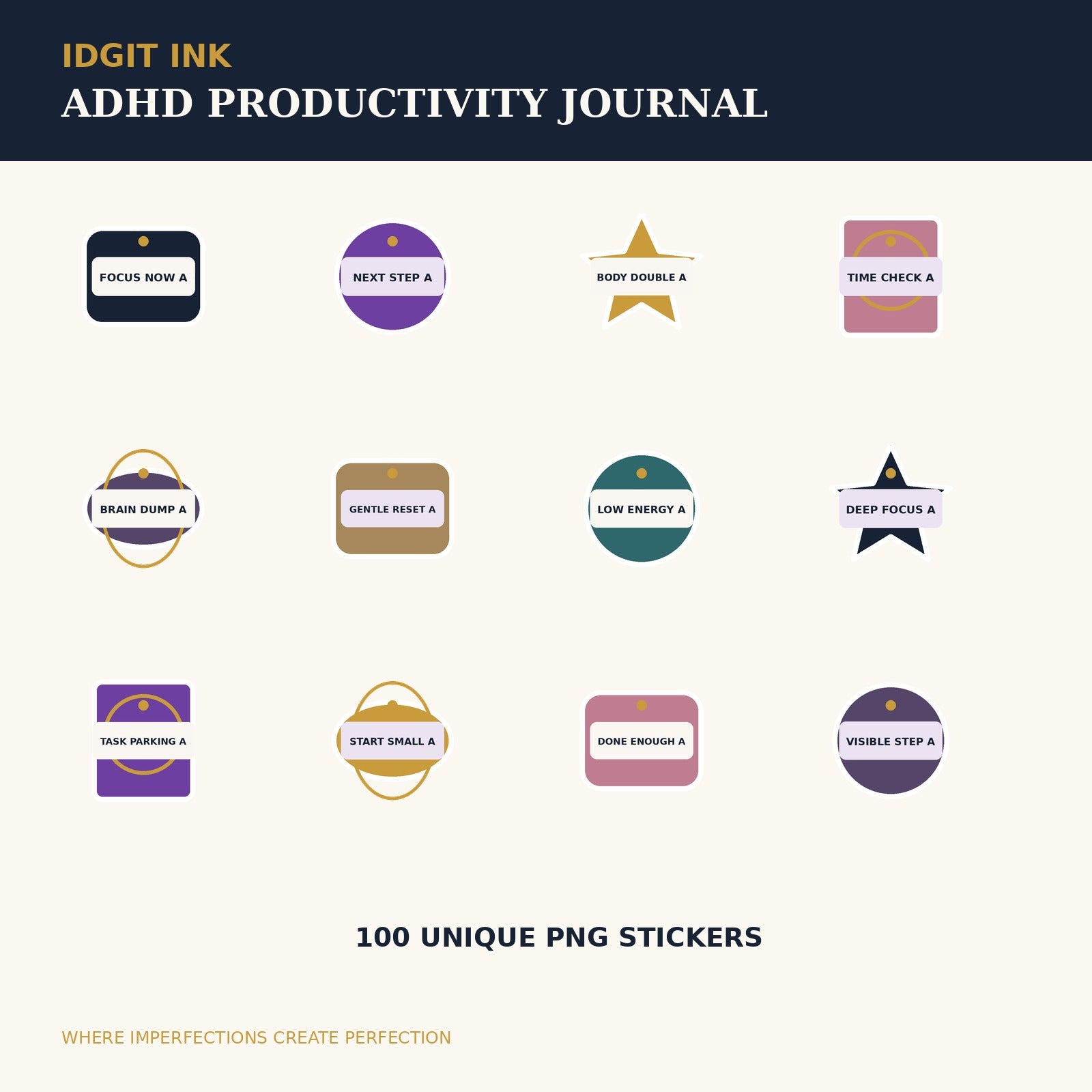 Idgit Ink ADHD Productivity digital journal — 100 PNG digital stickers preview
