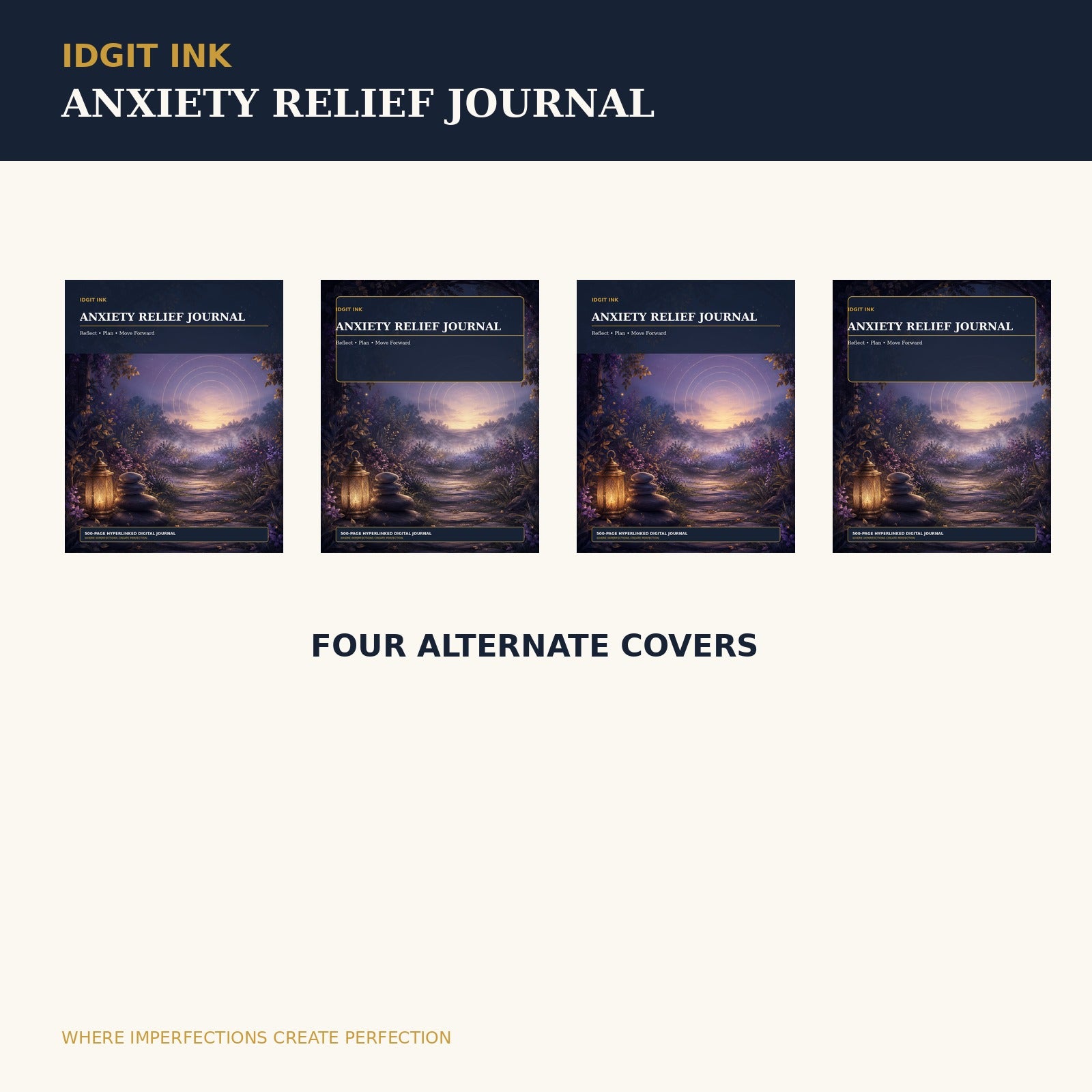Idgit Ink Anxiety Relief digital journal — four alternate journal covers