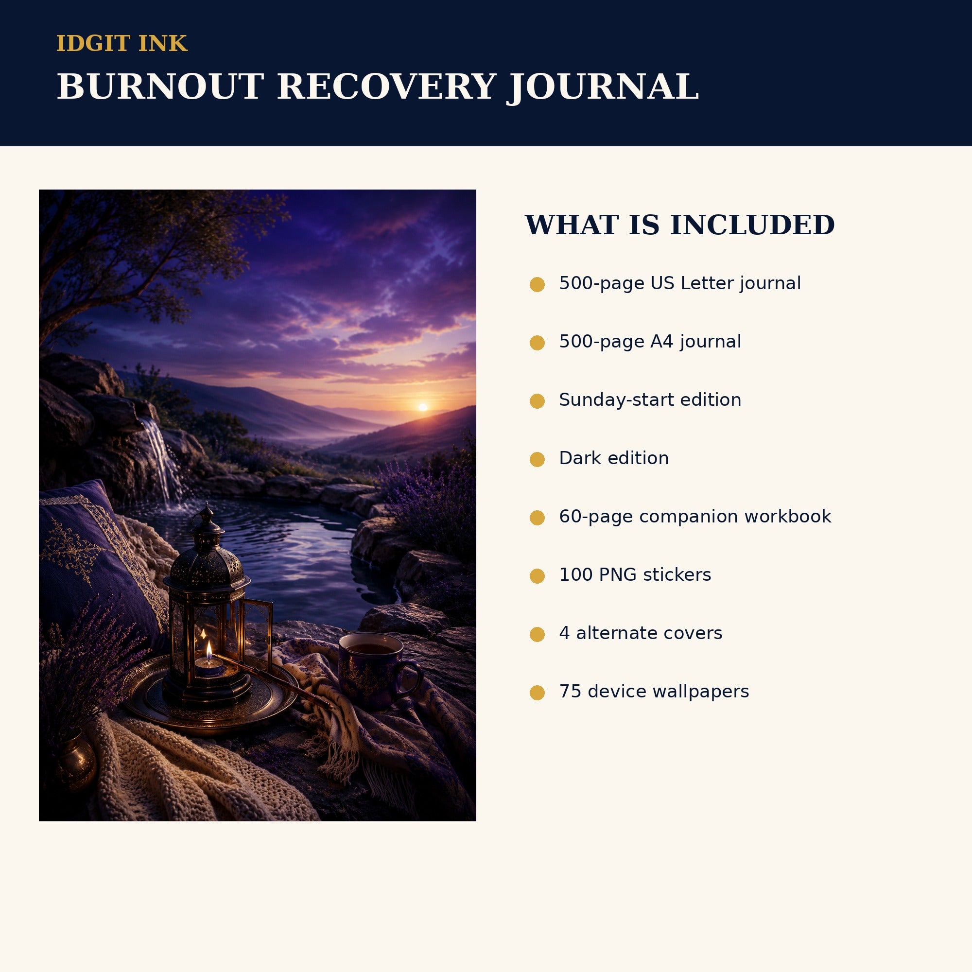 Idgit Ink Burnout Recovery digital journal — four alternate journal covers