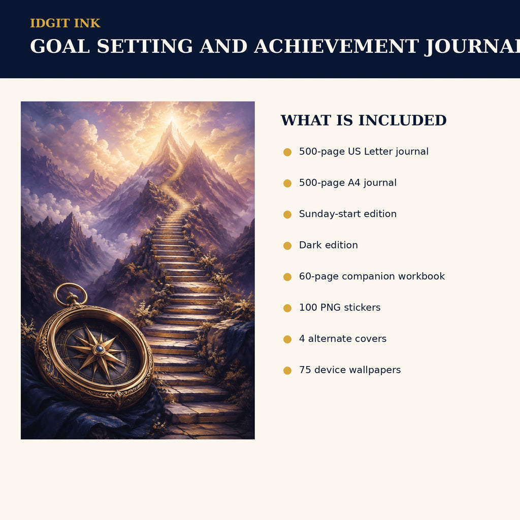 Idgit Ink Goal-Setting and Achievement digital journal — four alternate journal covers