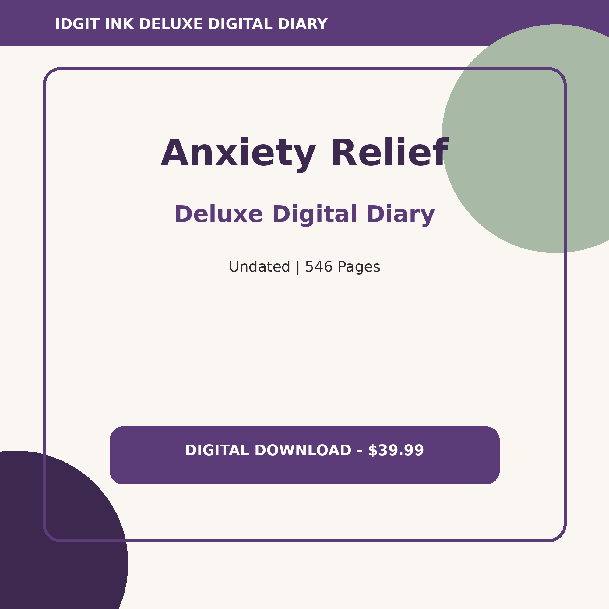 Anxiety Relief Deluxe Digital Diary cover and title
