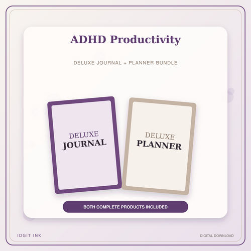 Idgit Ink ADHD Productivity deluxe journal and planner bundle — primary bundle cover showing both deluxe products