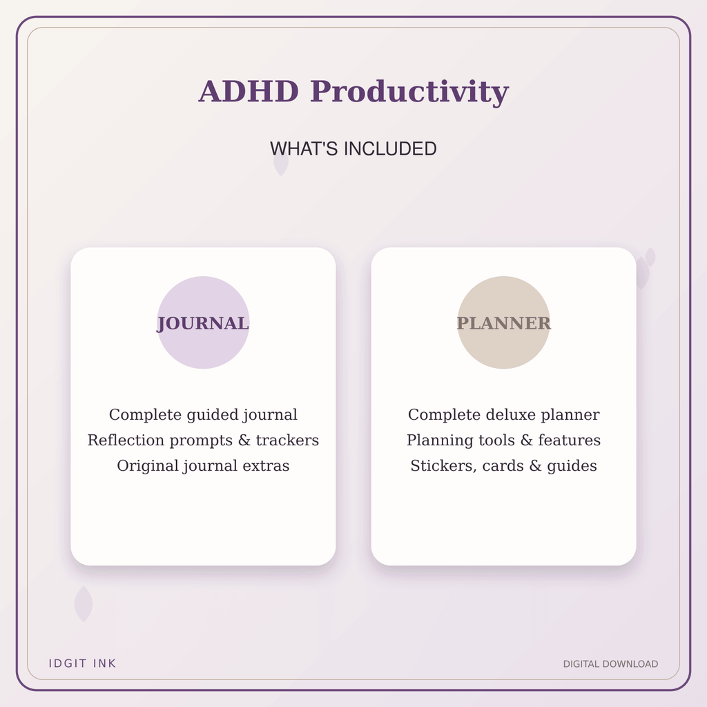 Idgit Ink ADHD Productivity deluxe journal and planner bundle — complete journal and planner bundle contents