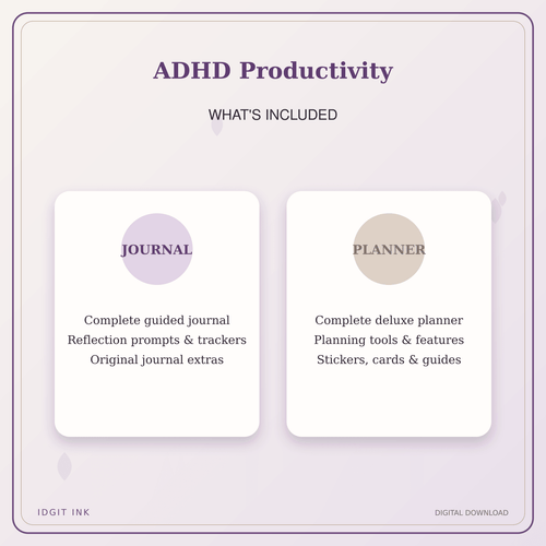 Idgit Ink ADHD Productivity deluxe journal and planner bundle — complete journal and planner bundle contents