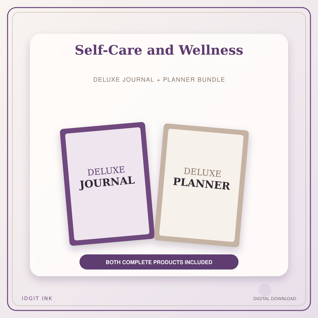 Idgit Ink Self-Care and Wellness deluxe journal and planner bundle — primary bundle cover showing both deluxe products