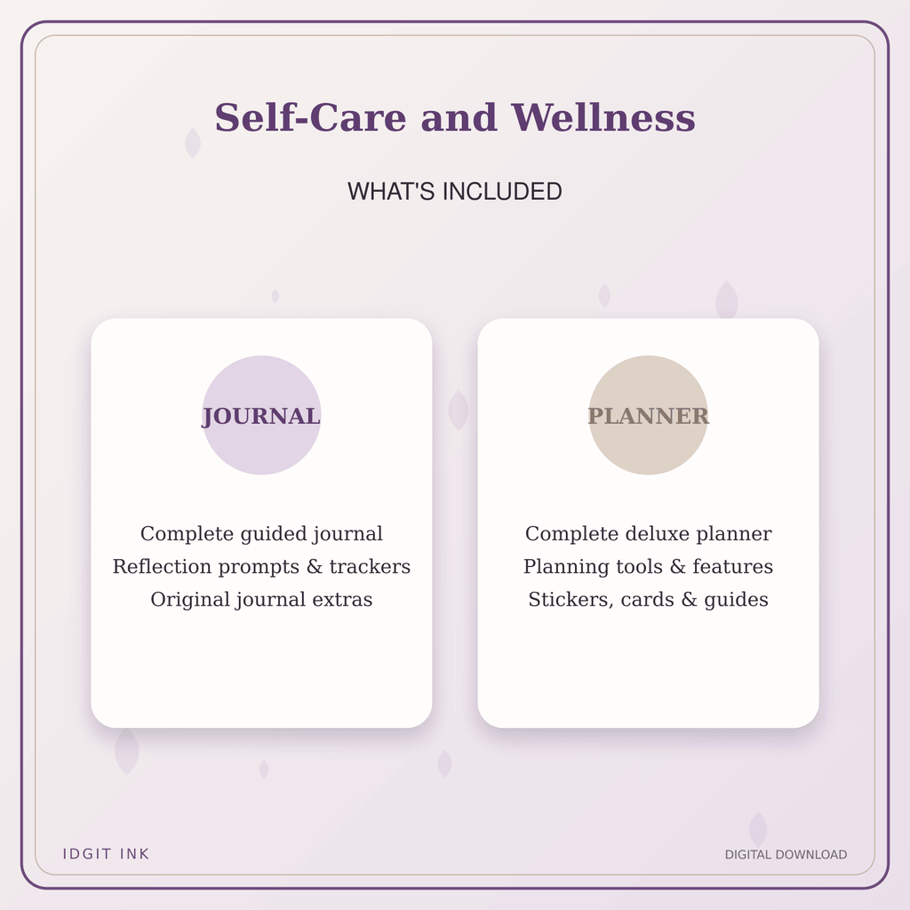 Idgit Ink Self-Care and Wellness deluxe journal and planner bundle — complete journal and planner bundle contents