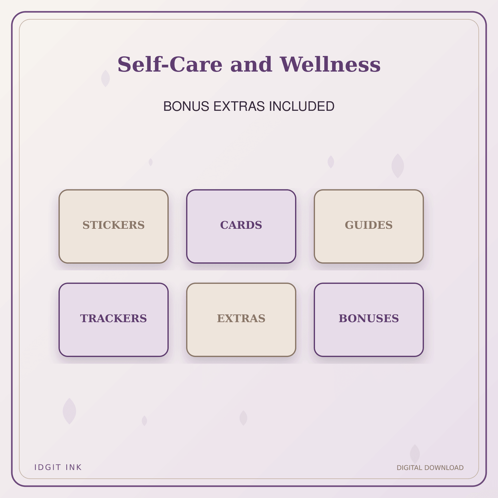 Idgit Ink Self-Care and Wellness deluxe journal and planner bundle — included digital stickers and cards