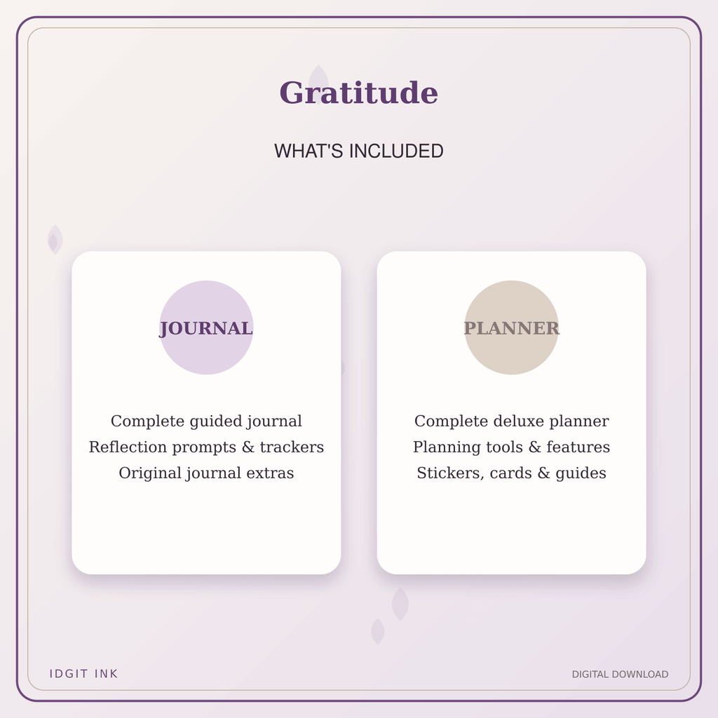 Idgit Ink Gratitude deluxe journal and planner bundle — complete journal and planner bundle contents