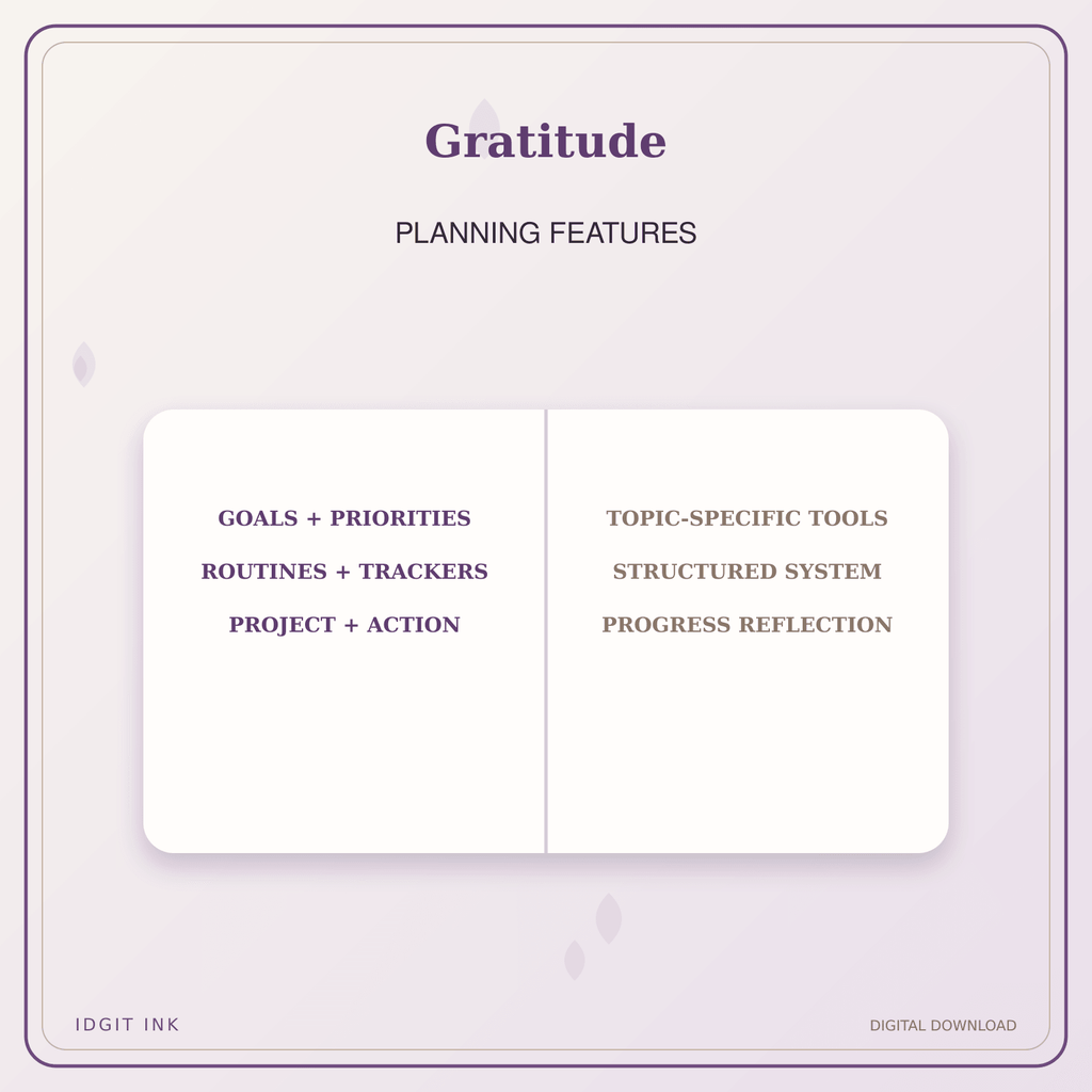 Idgit Ink Gratitude deluxe journal and planner bundle — planner organization and planning features