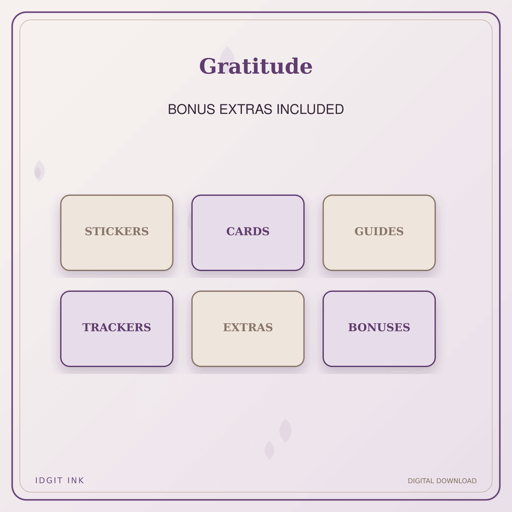 Idgit Ink Gratitude deluxe journal and planner bundle — included digital stickers and cards