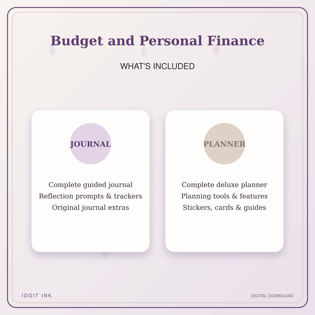 Idgit Ink Budget and Personal Finance deluxe journal and planner bundle — complete journal and planner bundle contents