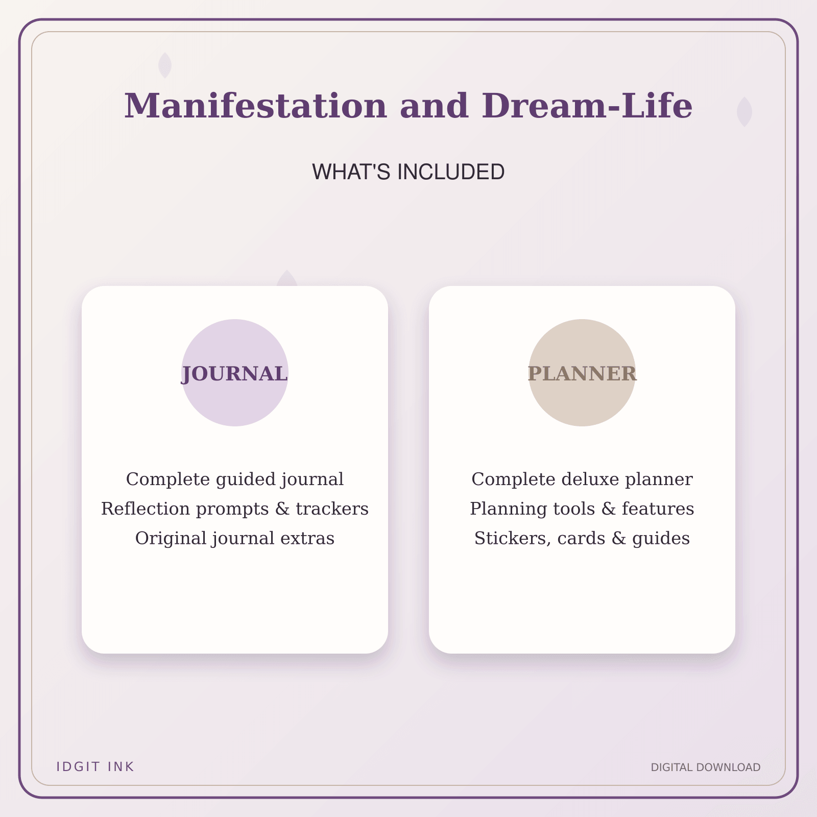 Idgit Ink Manifestation and Dream-Life deluxe journal and planner bundle — complete journal and planner bundle contents