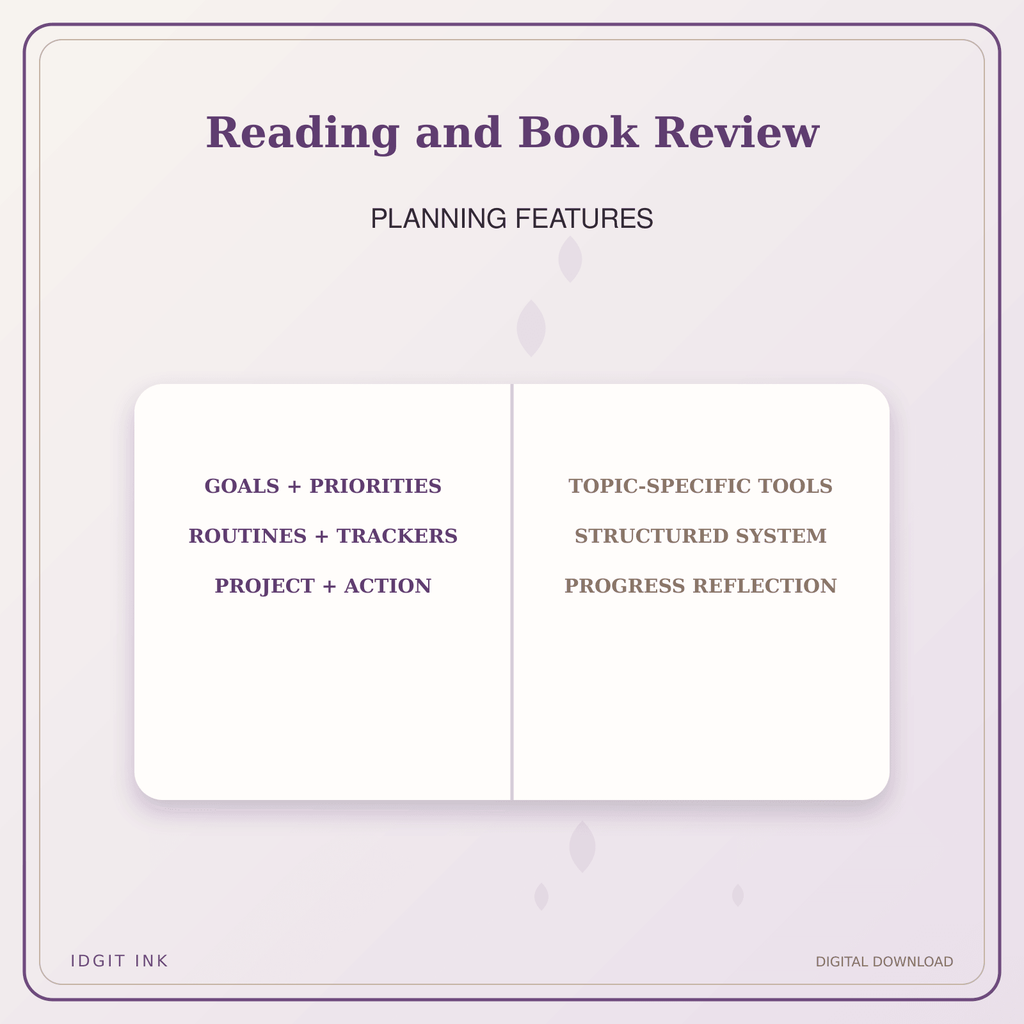 Idgit Ink Reading and Book Review deluxe journal and planner bundle — planner organization and planning features
