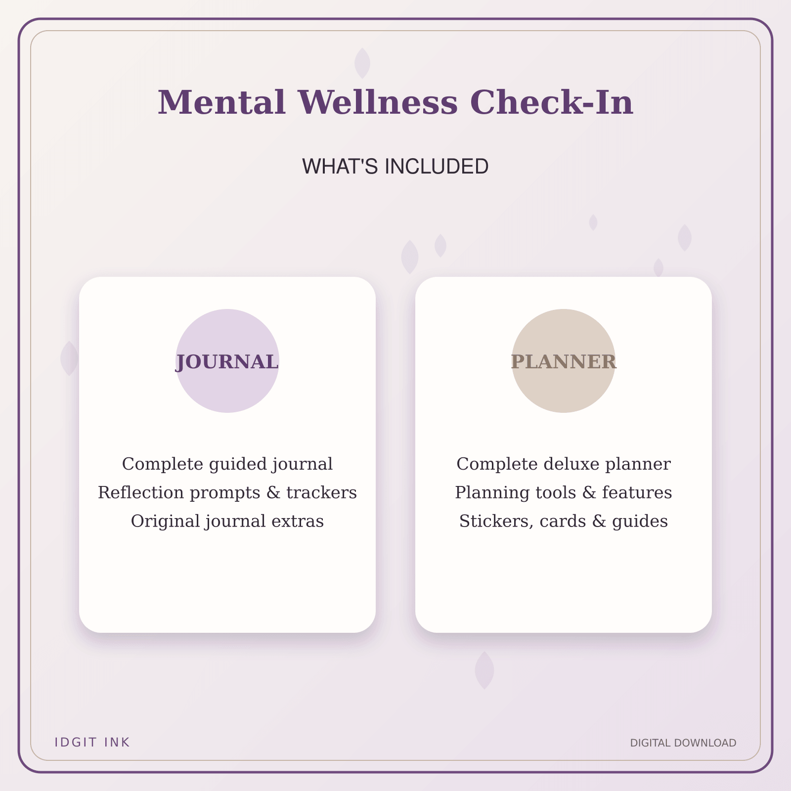 Idgit Ink Mental Wellness Check-In deluxe journal and planner bundle — complete journal and planner bundle contents