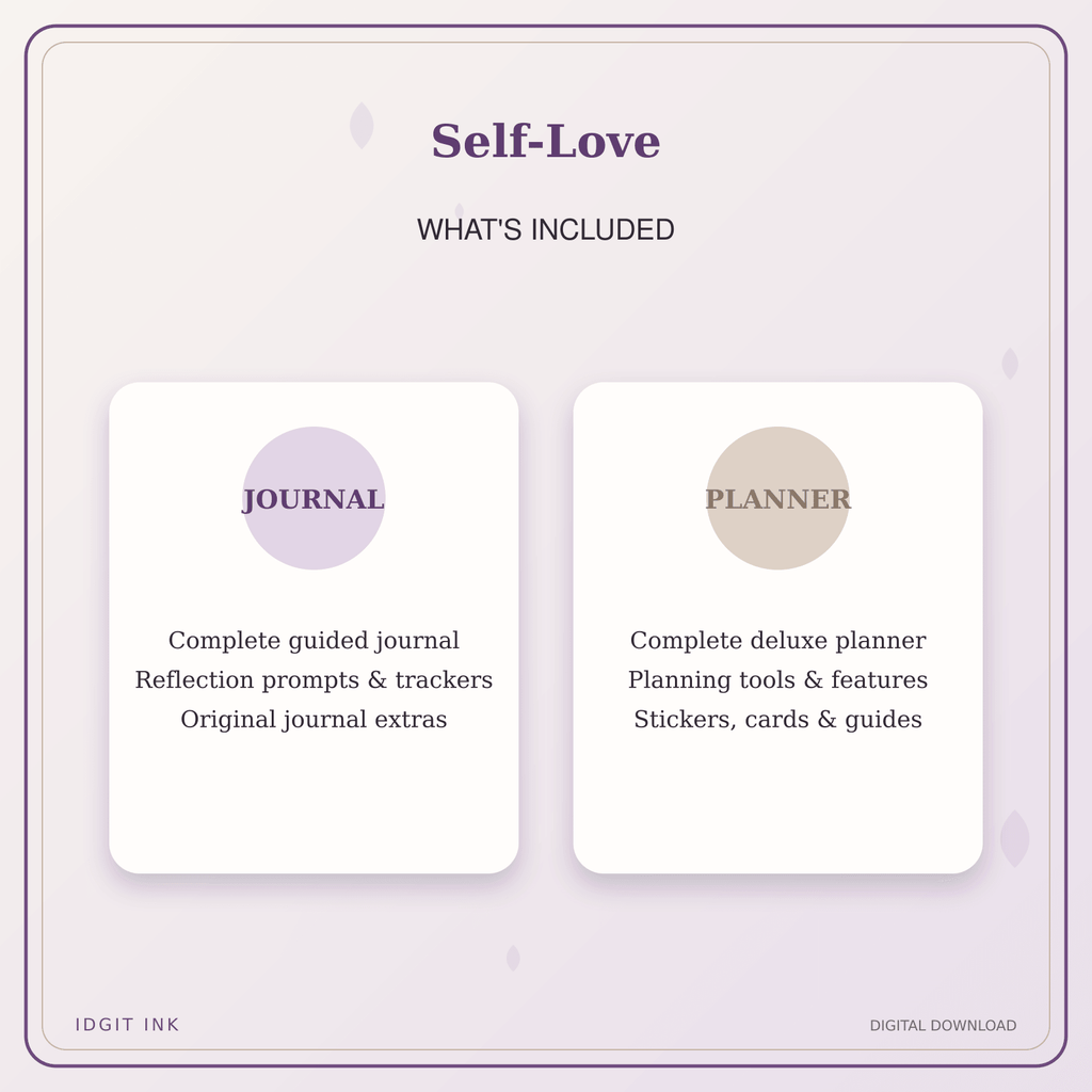 Idgit Ink Self-Love deluxe journal and planner bundle — complete journal and planner bundle contents