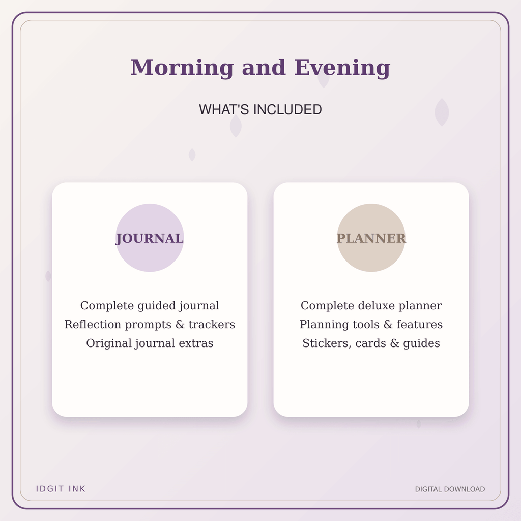 Idgit Ink Morning and Evening deluxe journal and planner bundle — complete journal and planner bundle contents