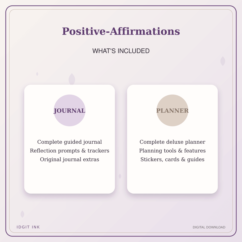 Idgit Ink Positive-Affirmations deluxe journal and planner bundle — complete journal and planner bundle contents
