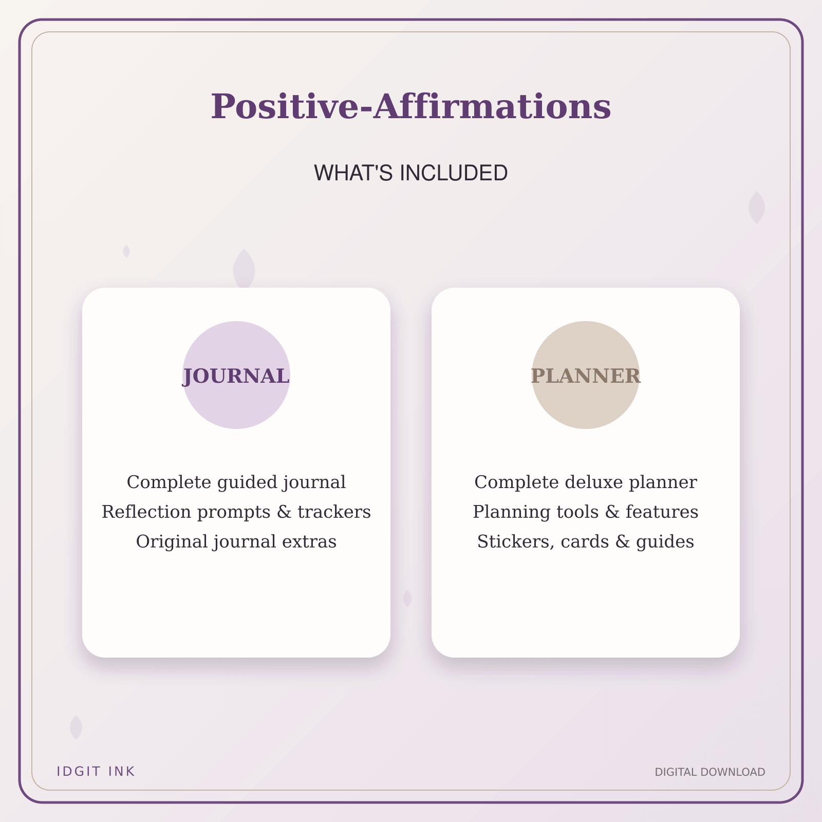Idgit Ink Positive-Affirmations deluxe journal and planner bundle — complete journal and planner bundle contents