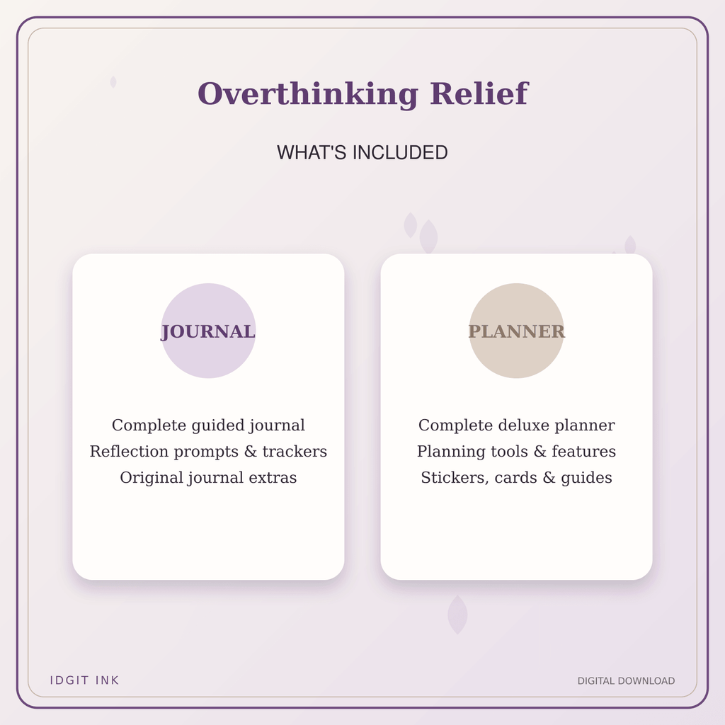 Idgit Ink Overthinking Relief deluxe journal and planner bundle — complete journal and planner bundle contents