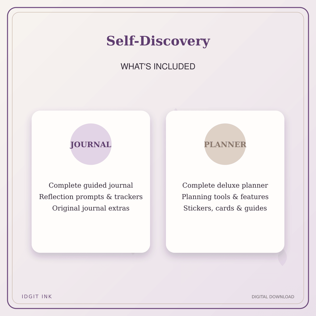 Idgit Ink Self-Discovery deluxe journal and planner bundle — complete journal and planner bundle contents