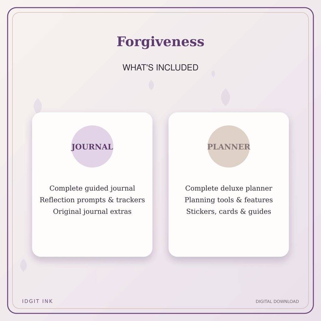 Idgit Ink Forgiveness deluxe journal and planner bundle — complete journal and planner bundle contents