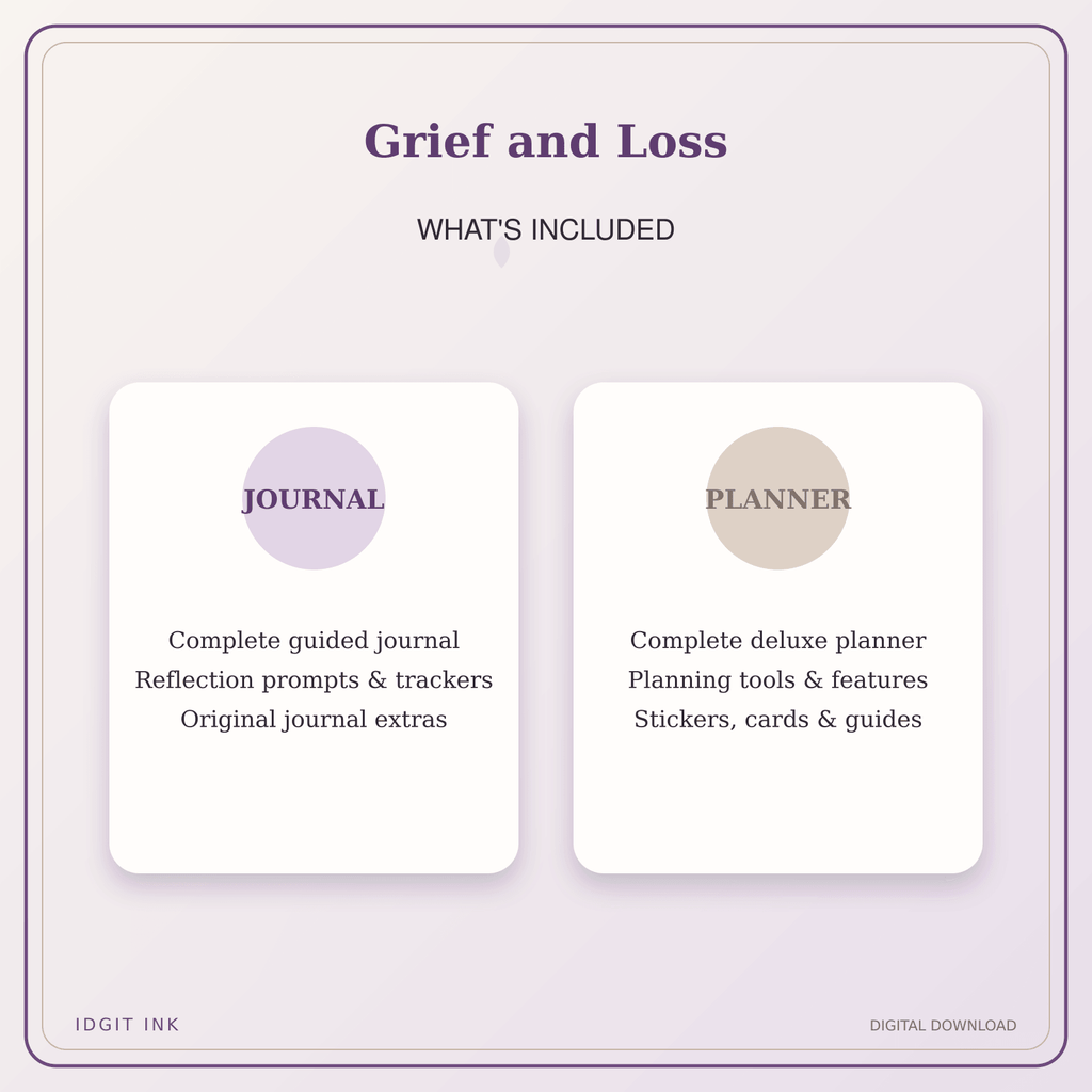 Idgit Ink Grief and Loss deluxe journal and planner bundle — complete journal and planner bundle contents