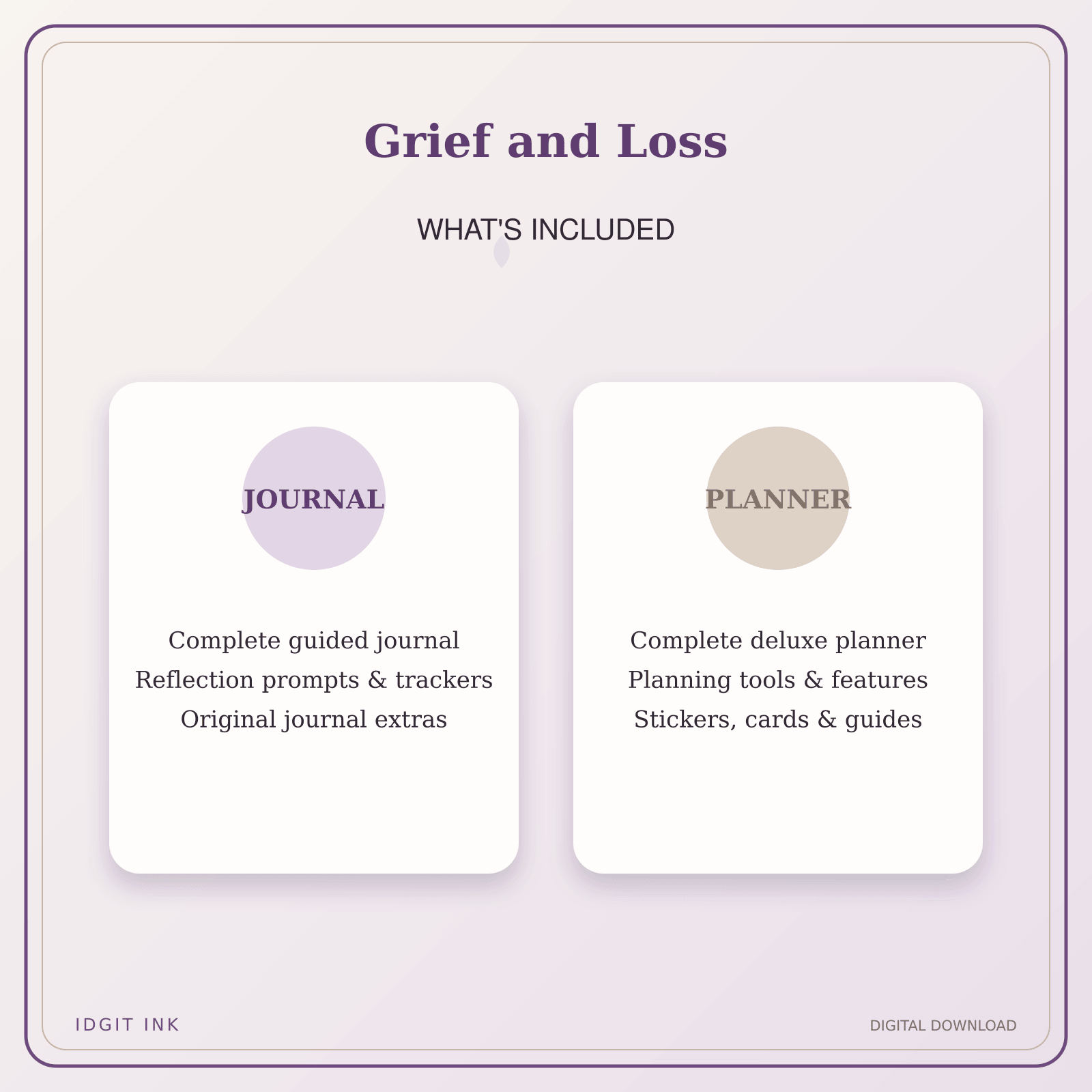 Idgit Ink Grief and Loss deluxe journal and planner bundle — complete journal and planner bundle contents