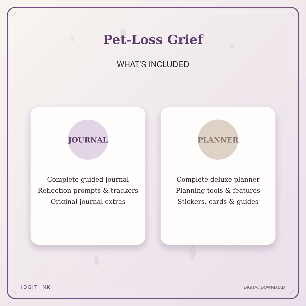 Idgit Ink Pet-Loss Grief deluxe journal and planner bundle — complete journal and planner bundle contents