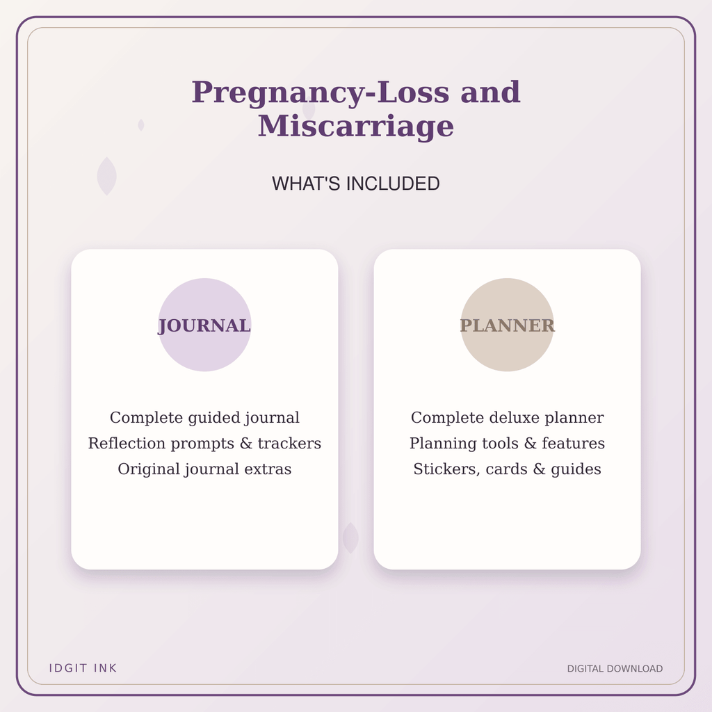 Idgit Ink Pregnancy-Loss and Miscarriage deluxe journal and planner bundle — complete journal and planner bundle contents