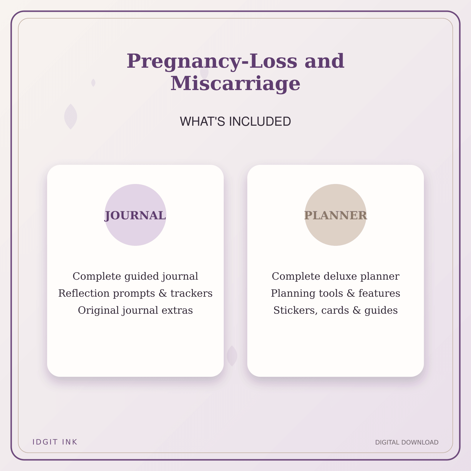 Idgit Ink Pregnancy-Loss and Miscarriage deluxe journal and planner bundle — complete journal and planner bundle contents
