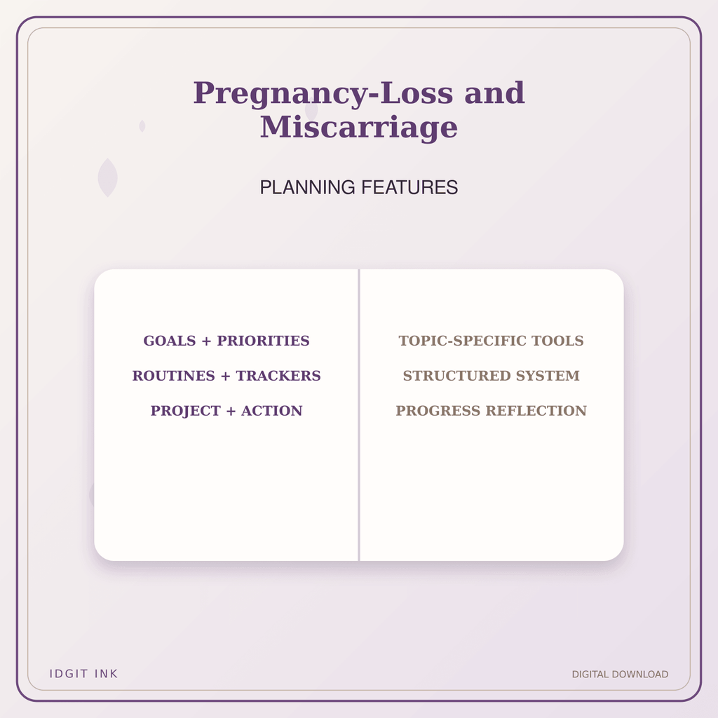 Idgit Ink Pregnancy-Loss and Miscarriage deluxe journal and planner bundle — planner organization and planning features