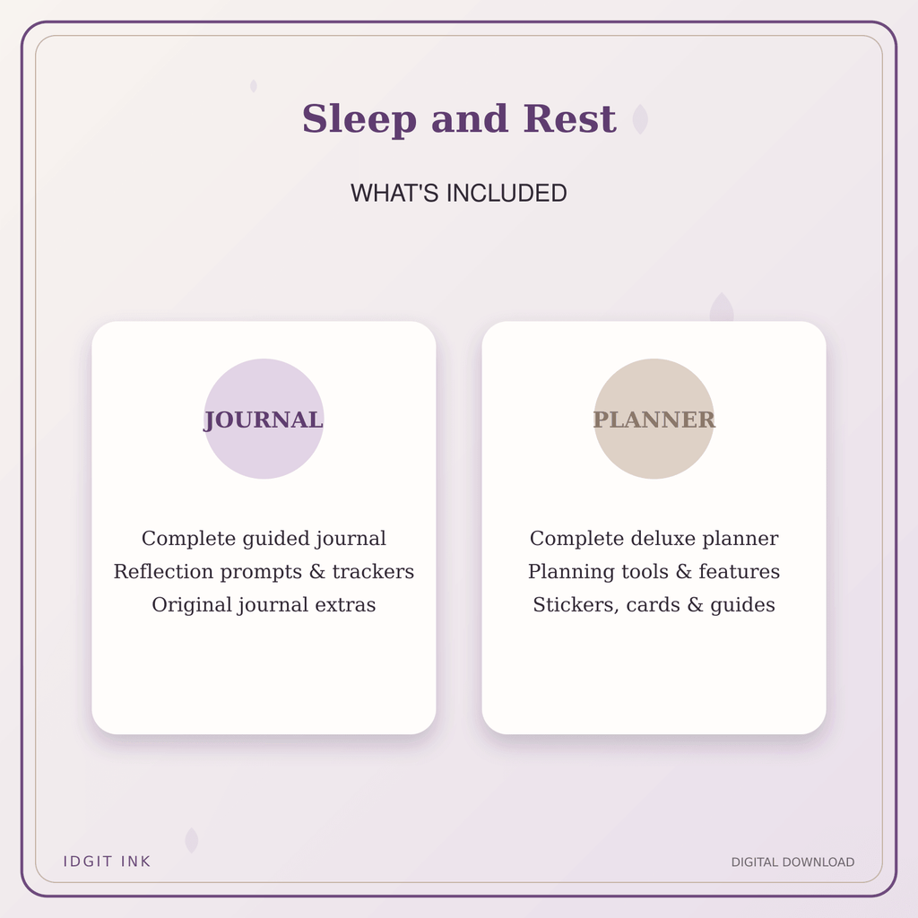 Idgit Ink Sleep and Rest deluxe journal and planner bundle — complete journal and planner bundle contents