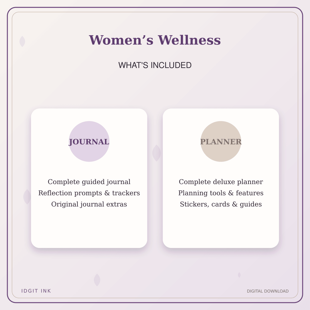 Idgit Ink Women’s Wellness deluxe journal and planner bundle — complete journal and planner bundle contents