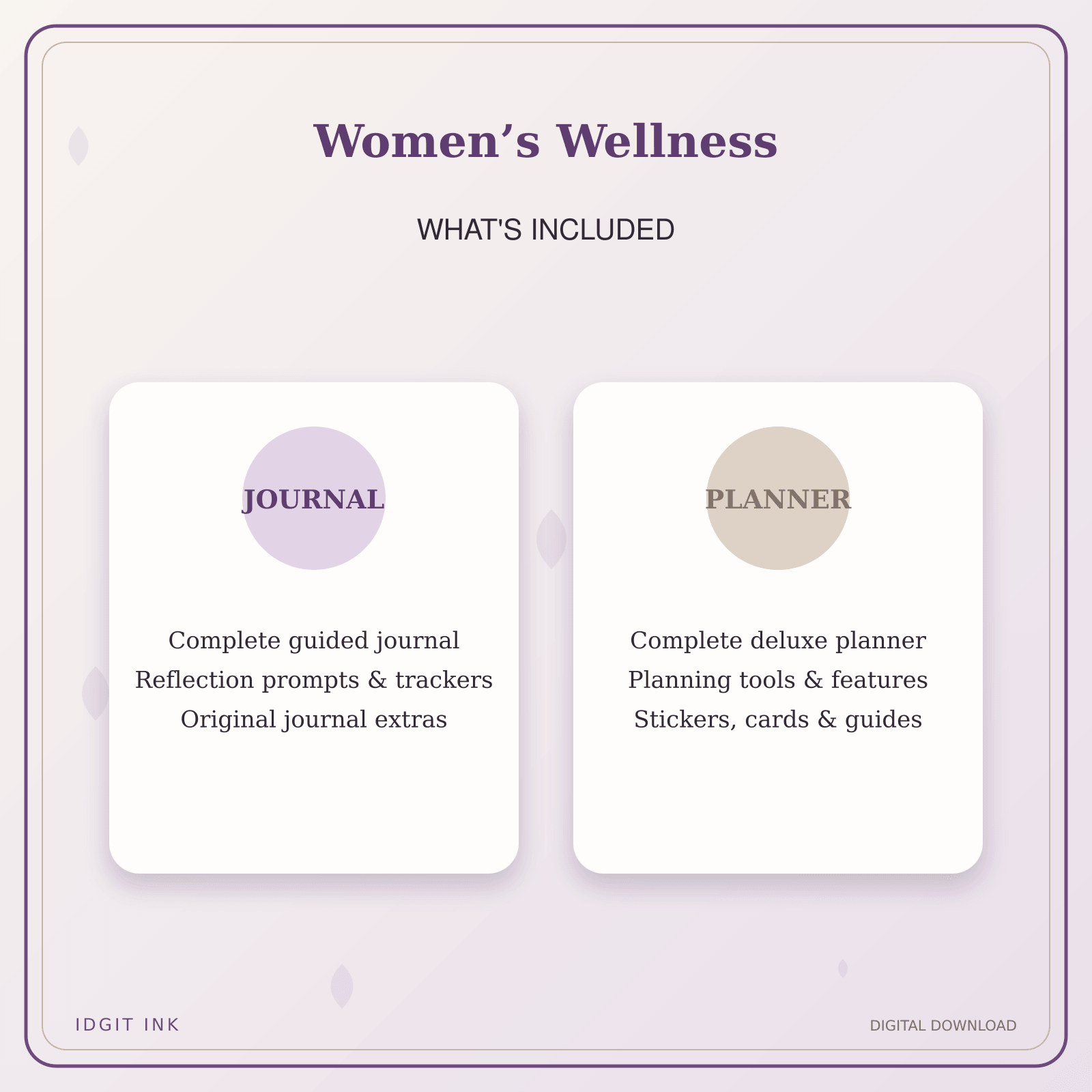 Idgit Ink Women’s Wellness deluxe journal and planner bundle — complete journal and planner bundle contents