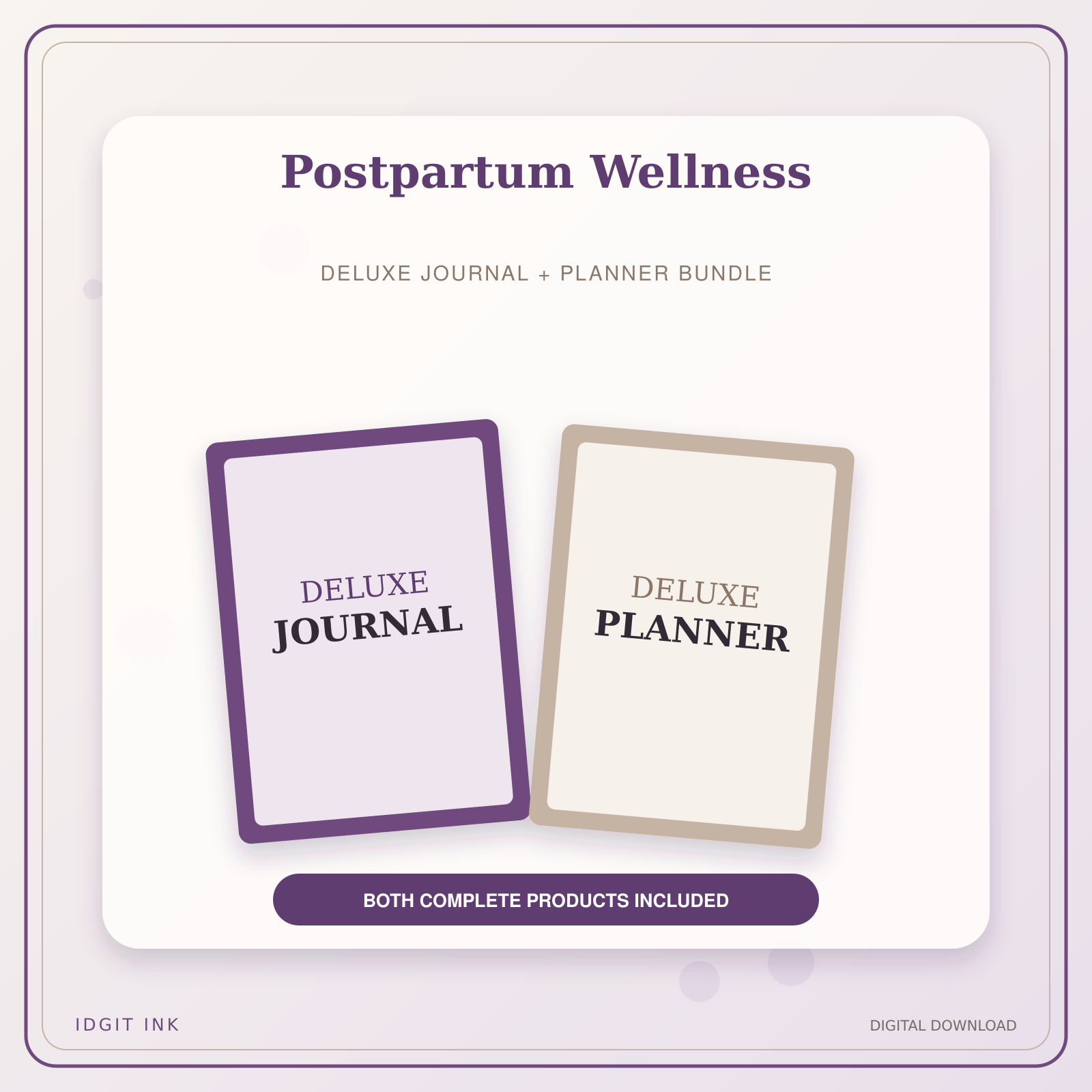 Idgit Ink Postpartum Wellness deluxe journal and planner bundle — primary bundle cover showing both deluxe products