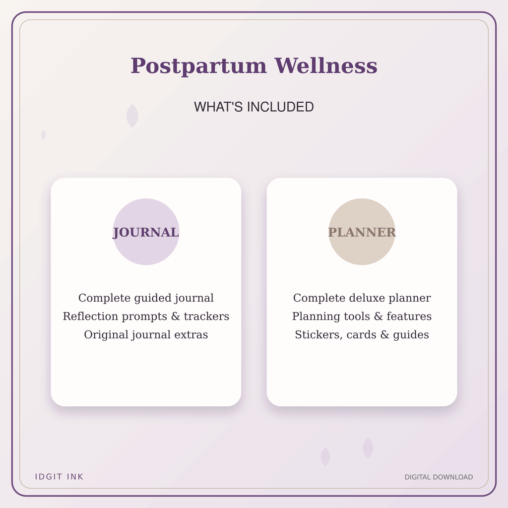 Idgit Ink Postpartum Wellness deluxe journal and planner bundle — complete journal and planner bundle contents