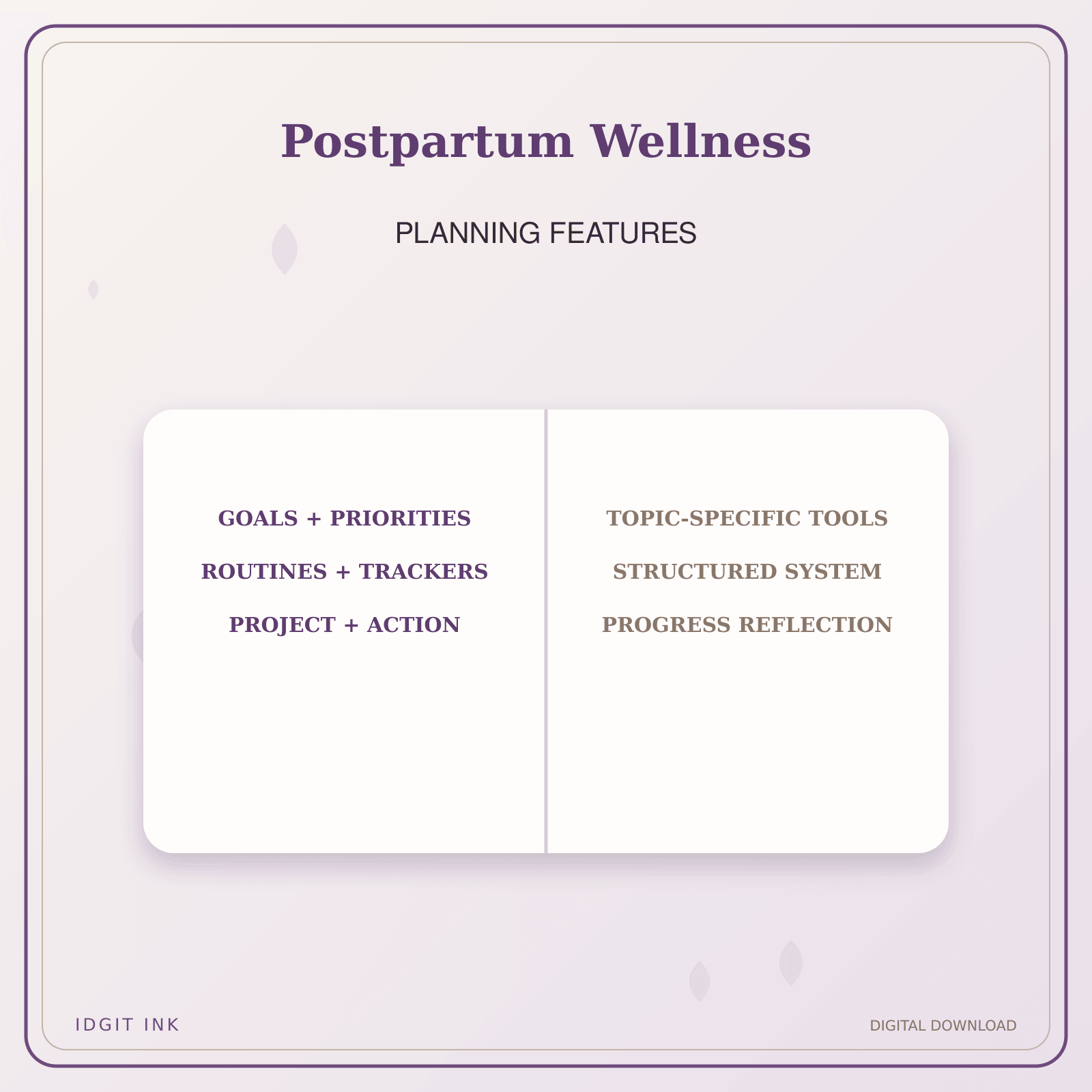 Idgit Ink Postpartum Wellness deluxe journal and planner bundle — planner organization and planning features