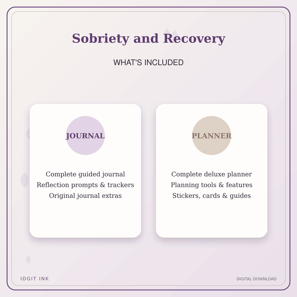 Idgit Ink Sobriety and Recovery deluxe journal and planner bundle — complete journal and planner bundle contents