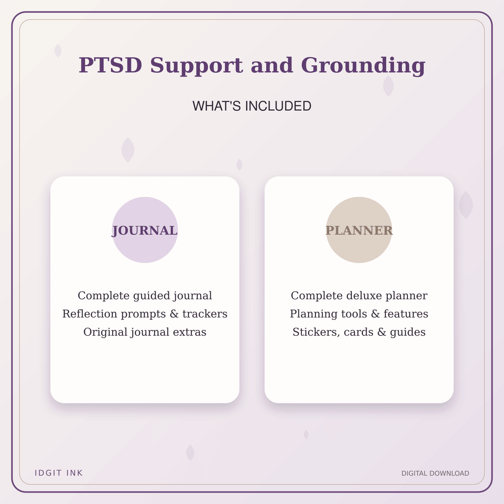 Idgit Ink PTSD Support and Grounding deluxe journal and planner bundle — complete journal and planner bundle contents