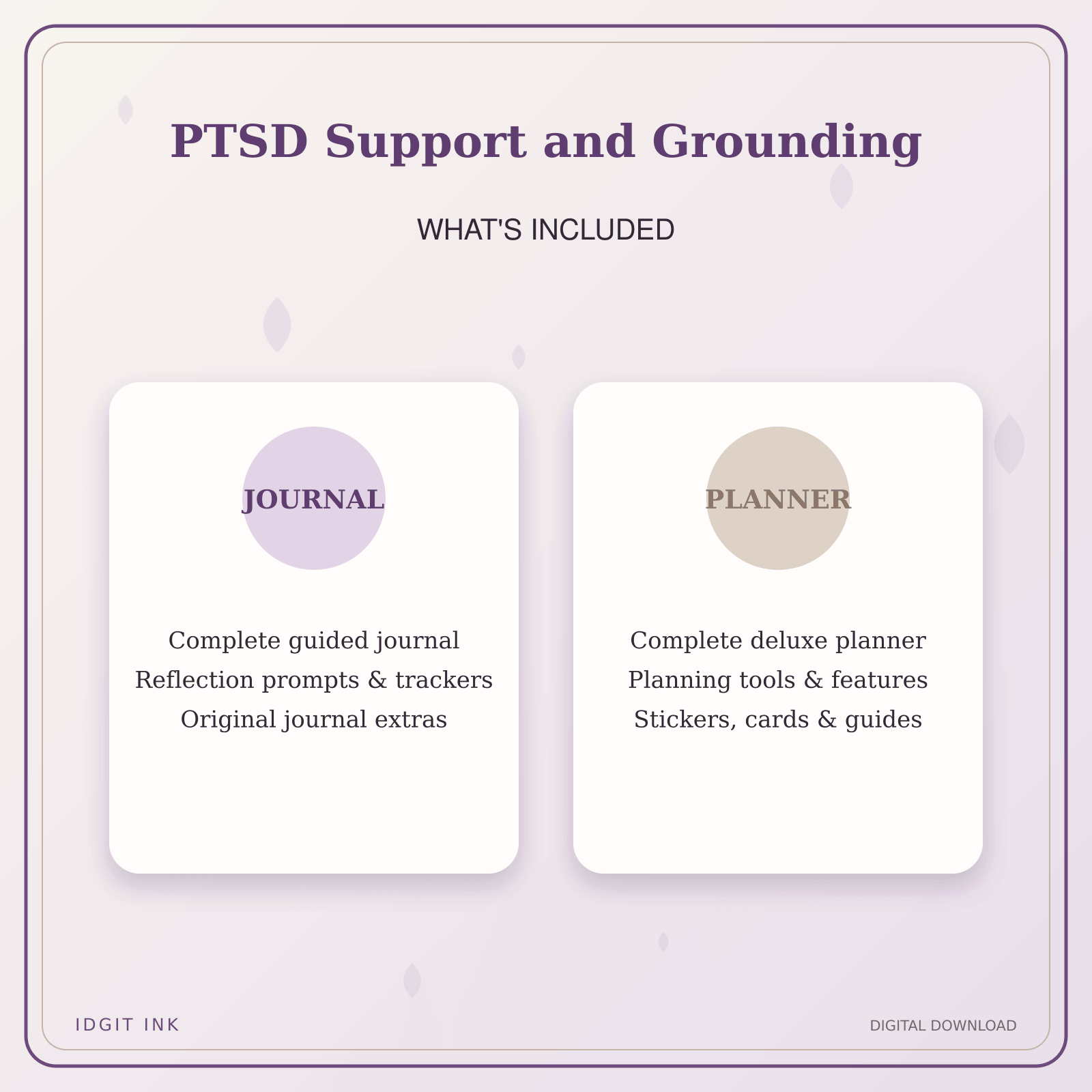 Idgit Ink PTSD Support and Grounding deluxe journal and planner bundle — complete journal and planner bundle contents