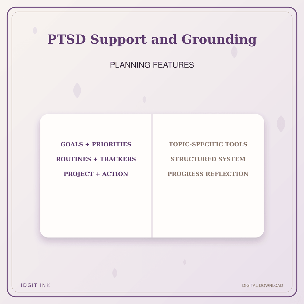 Idgit Ink PTSD Support and Grounding deluxe journal and planner bundle — planner organization and planning features