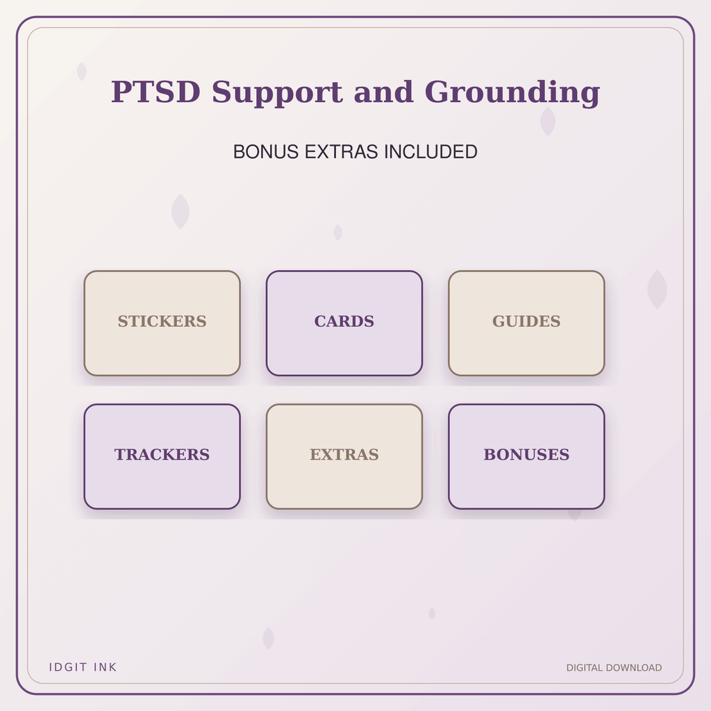 Idgit Ink PTSD Support and Grounding deluxe journal and planner bundle — included digital stickers and cards