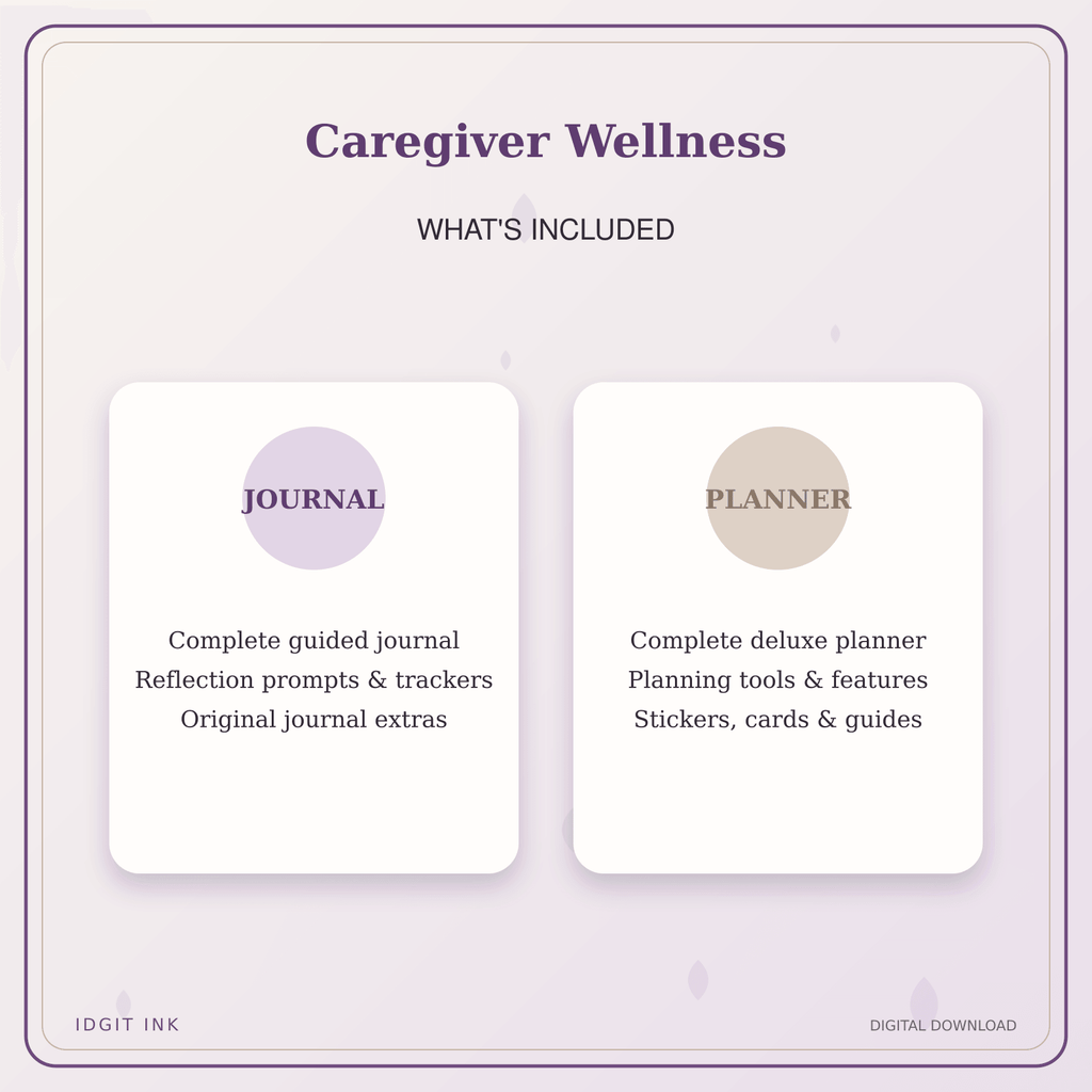Idgit Ink Caregiver Wellness deluxe journal and planner bundle — complete journal and planner bundle contents