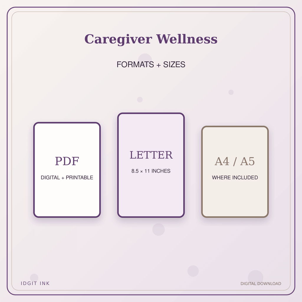 Idgit Ink Caregiver Wellness deluxe journal and planner bundle — digital formats and available page sizes