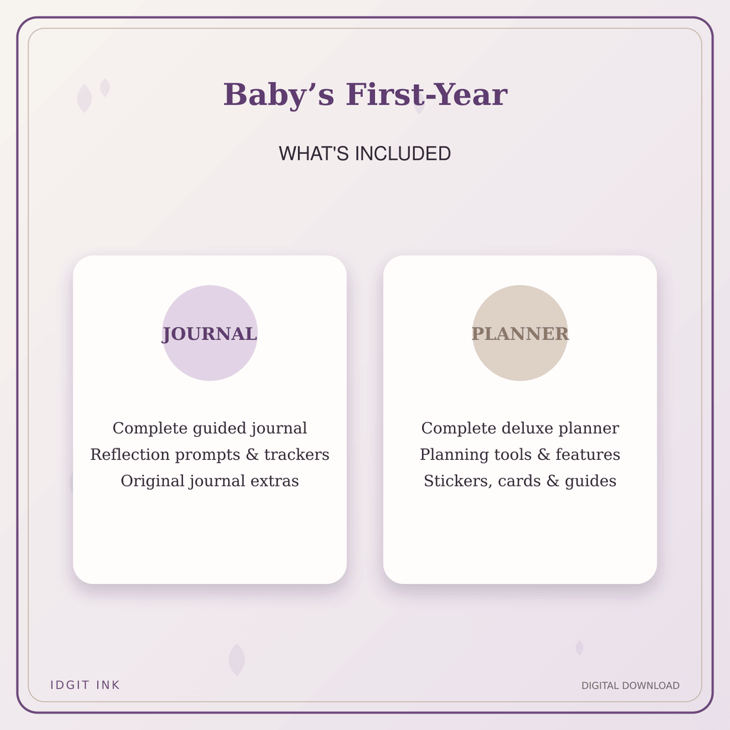 Idgit Ink Baby’s First-Year deluxe journal and planner bundle — complete journal and planner bundle contents