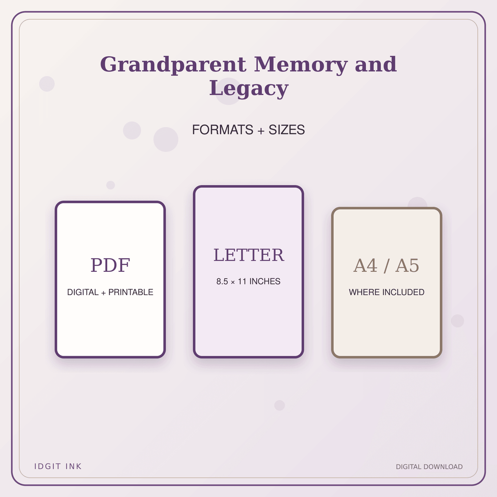 Idgit Ink Grandparent Memory and Legacy deluxe journal and planner bundle — digital formats and available page sizes