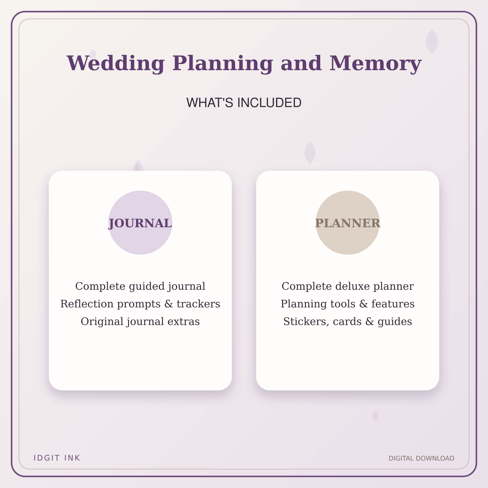 Idgit Ink Wedding Planning and Memory deluxe journal and planner bundle — complete journal and planner bundle contents