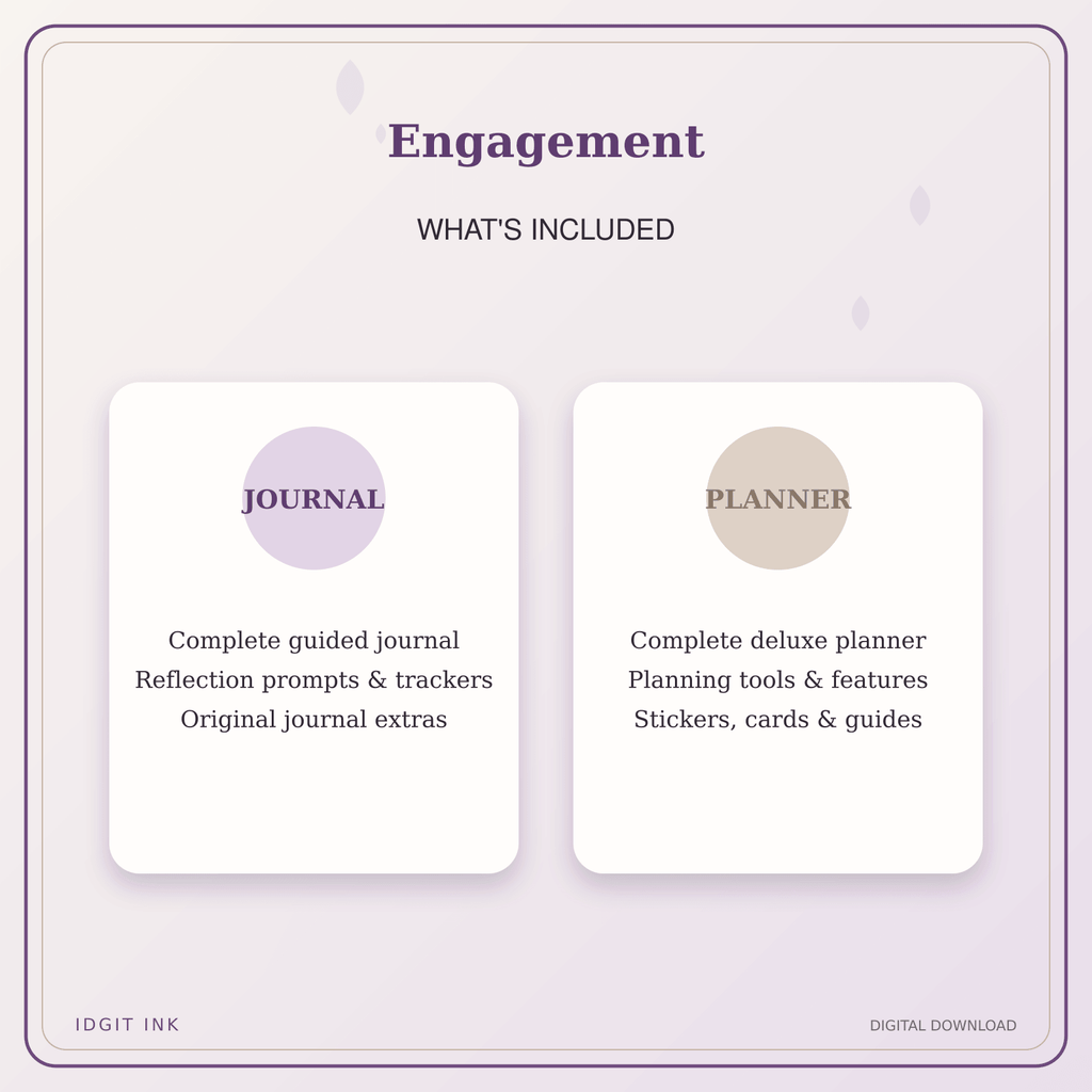Idgit Ink Engagement deluxe journal and planner bundle — complete journal and planner bundle contents