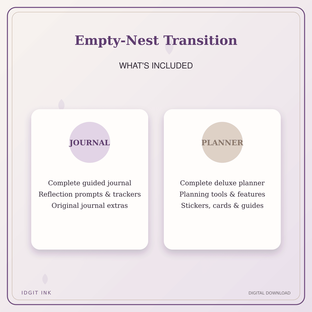 Idgit Ink Empty-Nest Transition deluxe journal and planner bundle — complete journal and planner bundle contents